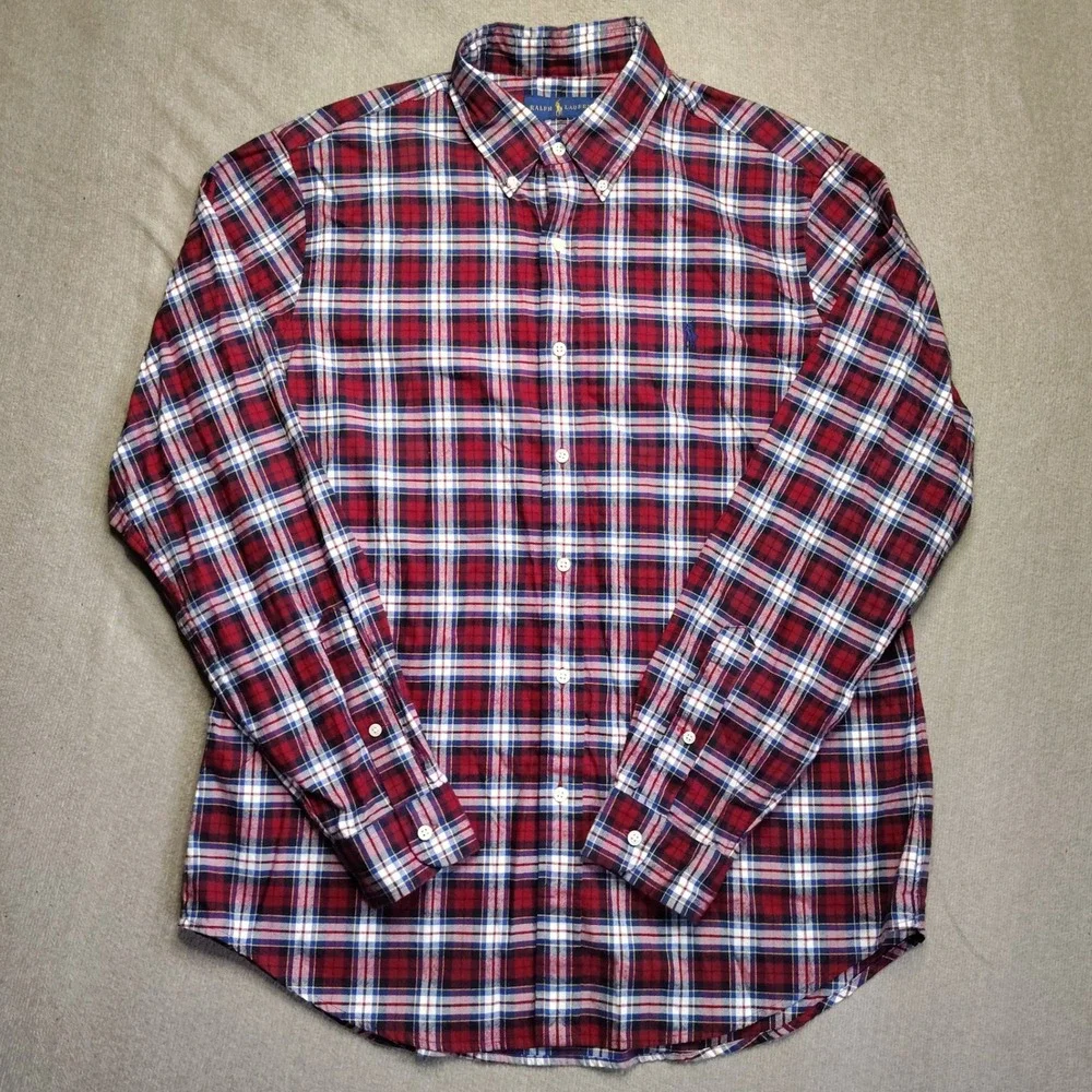 Ralph Lauren Button Down Shirt Mens Large Red Plaid Excellent Cotton Long Sleeve